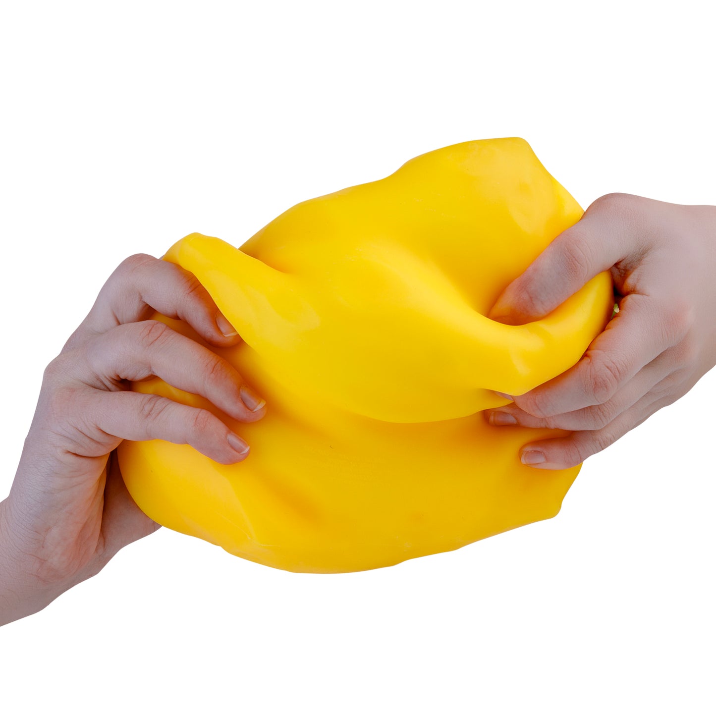 Two hands stretching the giant Easy Sqweezy Super Cheesy cheese squishy.