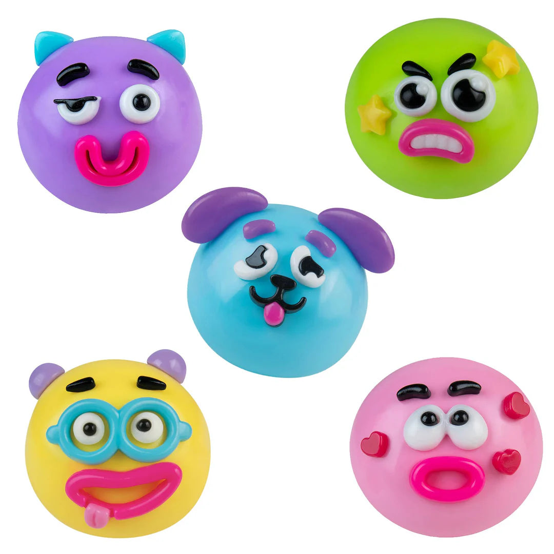 Colorful ORB Smushers squishy character collection featuring dog, cat and expressive face designs
