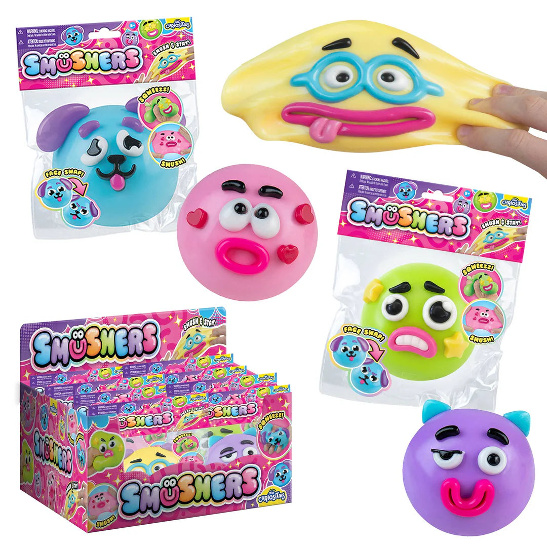 ORB Smushers slow-rise squishy fidget toy assortment with colorful characters, packaging and display box
