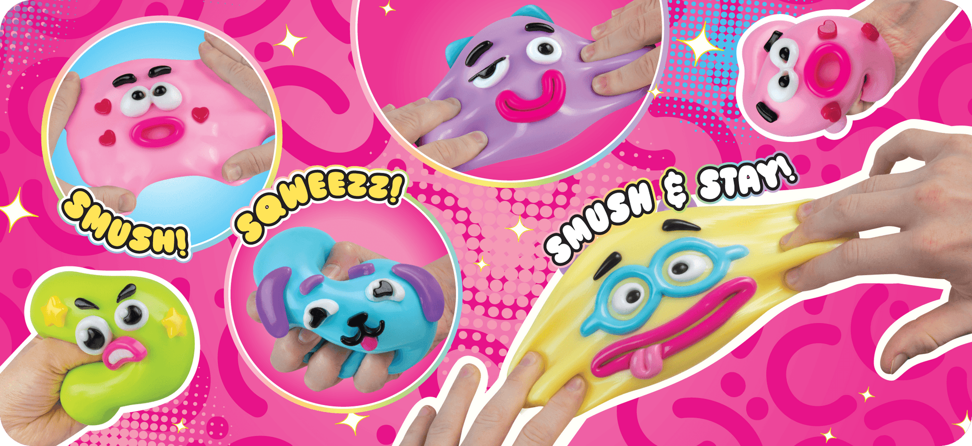ORB Smushers sensory fidget toys showing colorful characters being squeezed and stretched by hand