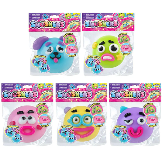 Five packaged ORB Smushers squishy toys featuring colorful interchangeable character faces