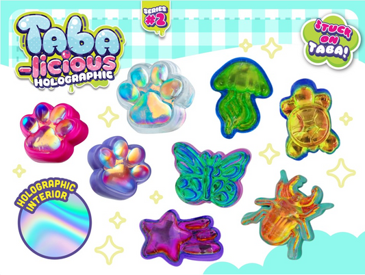 Taba-licious Holographic Series 2 assortment featuring multiple collectible shapes and holographic interiors.