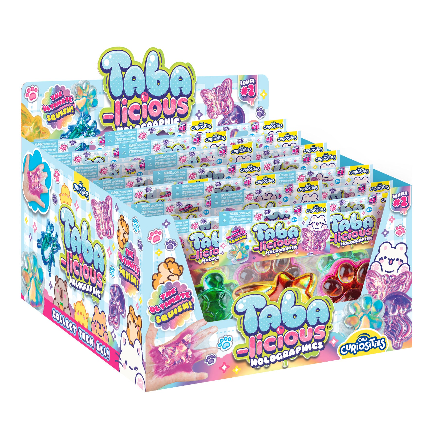ORB Taba-licious Holographic Series 2 retail display filled with assorted holographic squishy toys.