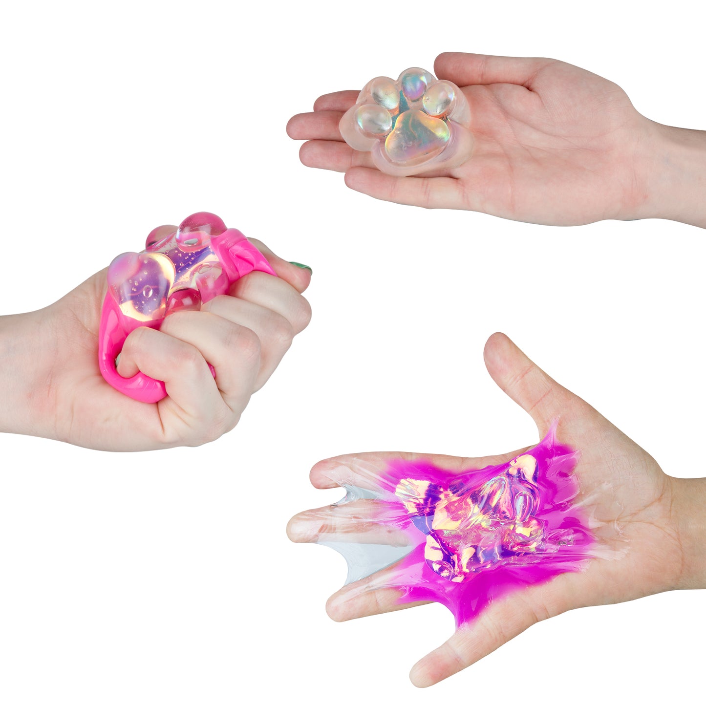 Hands stretching and squeezing a holographic Taba-licious sensory squishy toy with iridescent gel center.