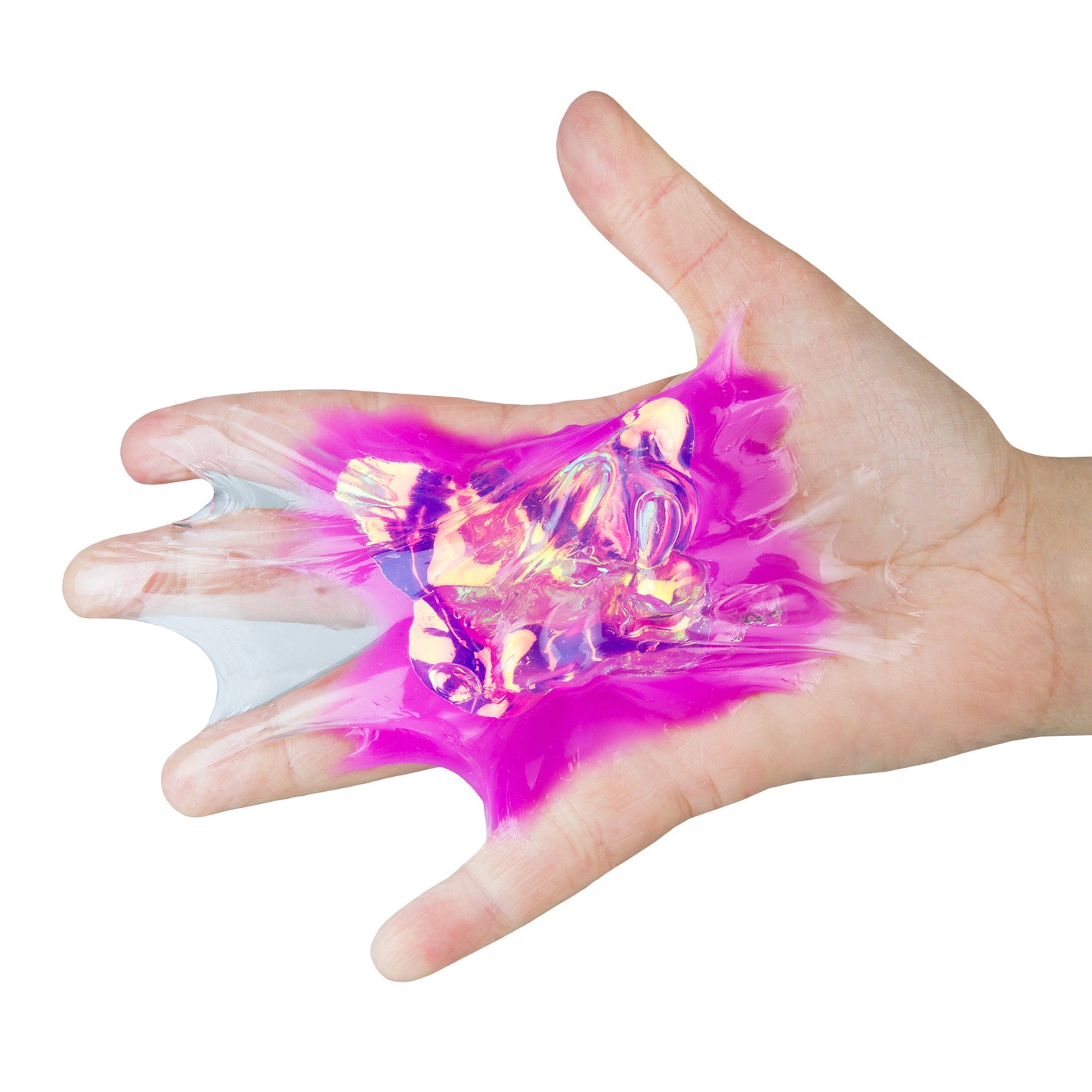 Close-up of a holographic pink Taba-licious squishy toy stretched across a hand.