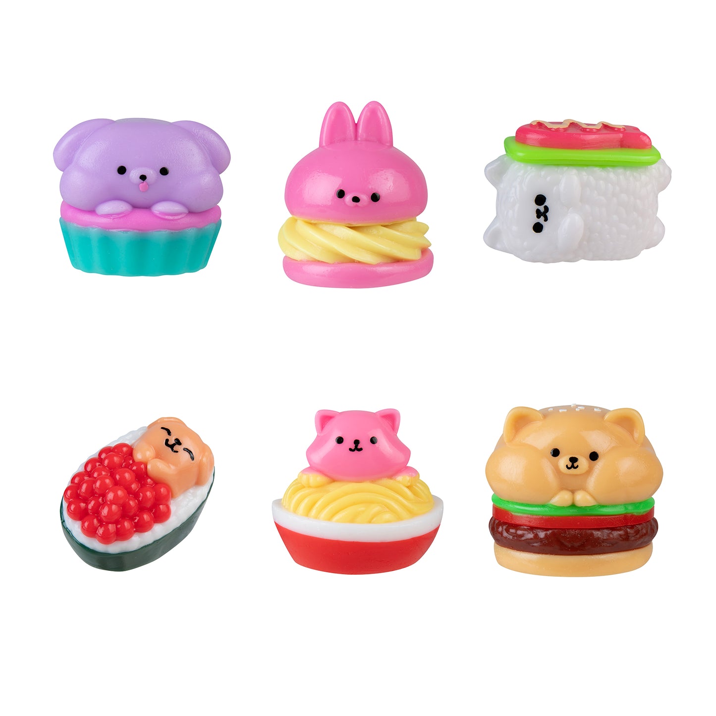 Assorted Taba-licious Snackies collectible squishy toys featuring cute animal and food combinations.