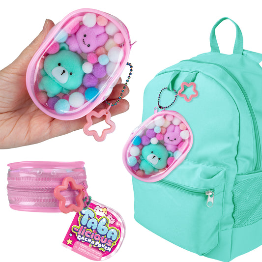 ORB Taba-licious Gacha Pouch attached to a backpack with plush characters inside the reusable pouch.