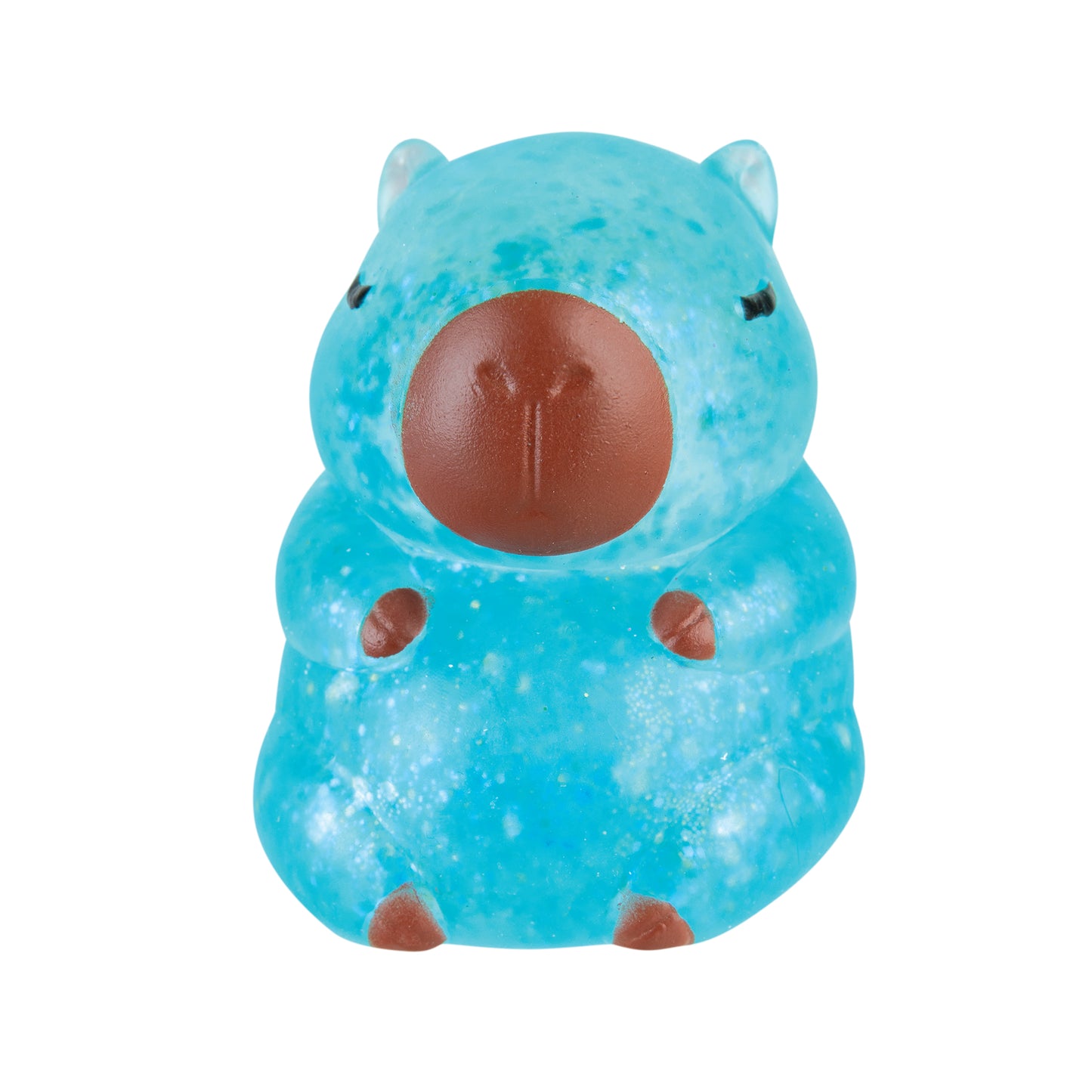 Front view of blue glitter Sparklee Capybara squishy toy.