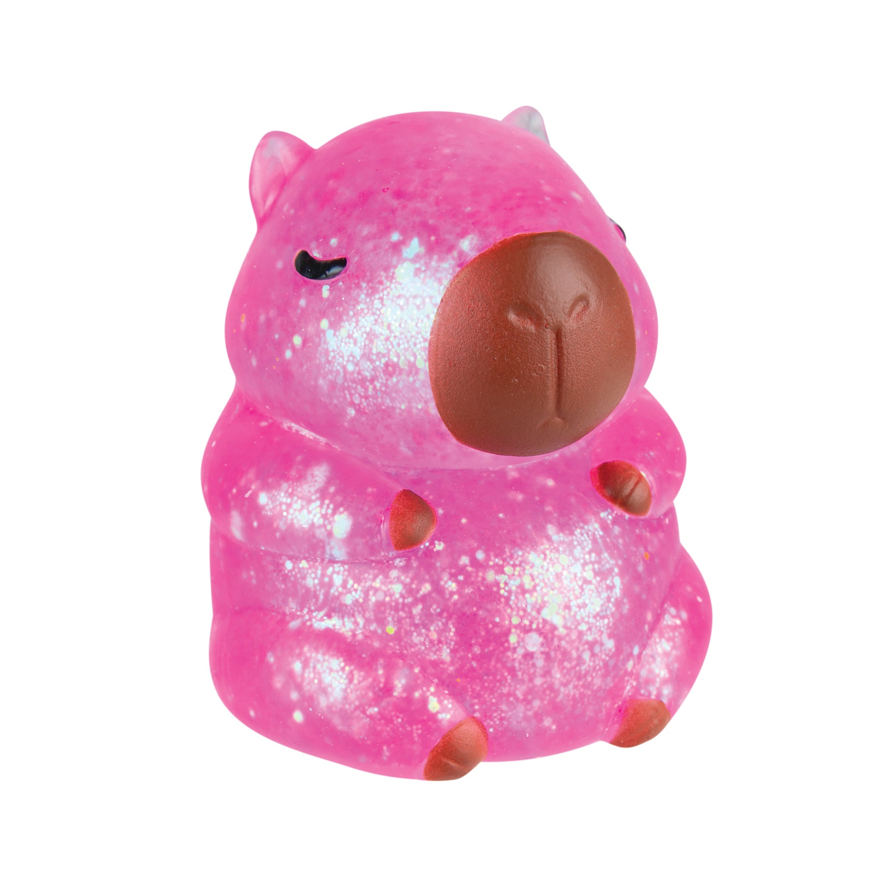 Front view of pink glitter Sparklee Capybara squishy toy.