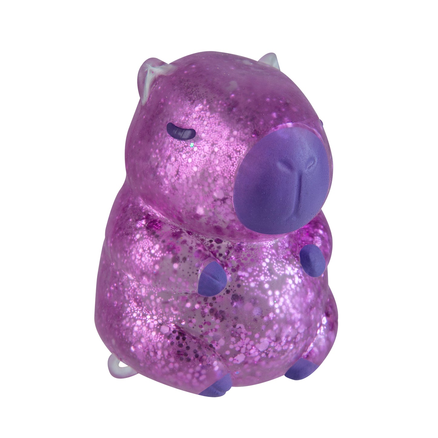 Front view of purple glitter Sparklee Capybara squishy toy.