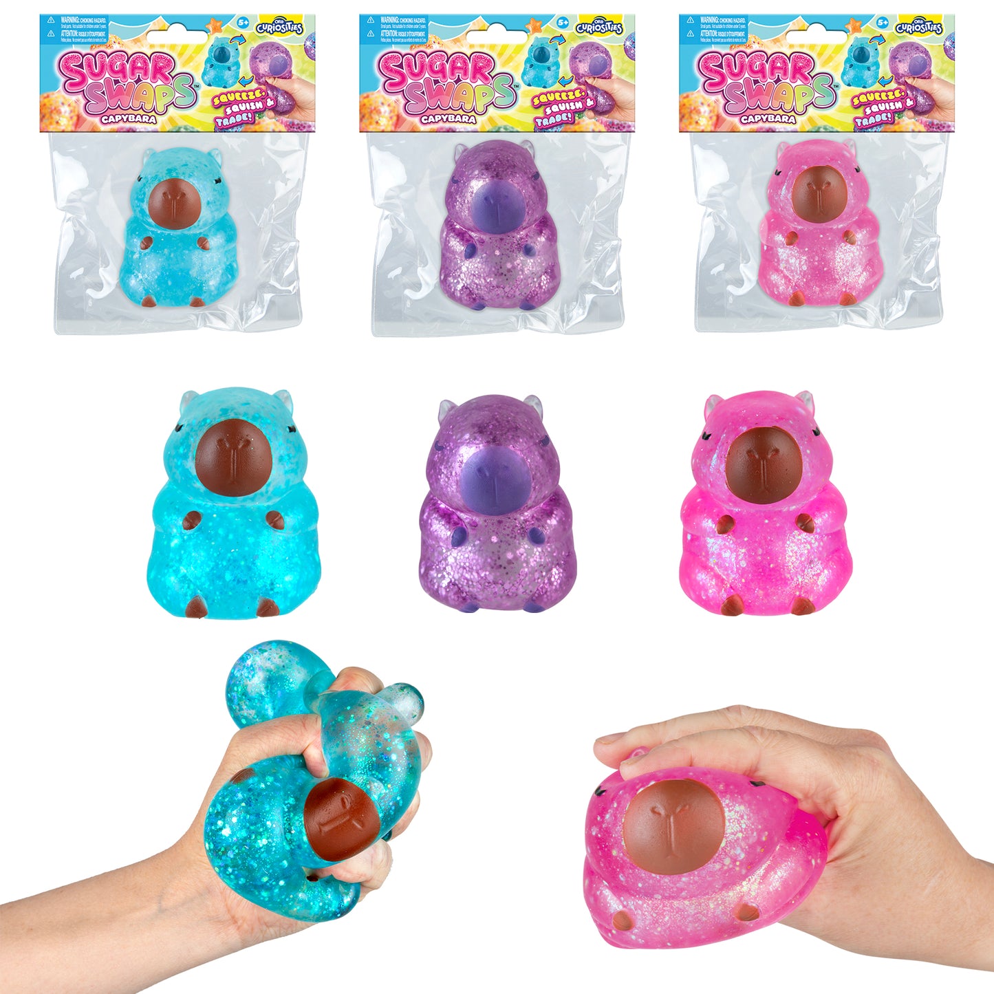 Sugar Swaps Sparklee Capybara assortment showing blue, pink, and purple squishy toys with packaging.