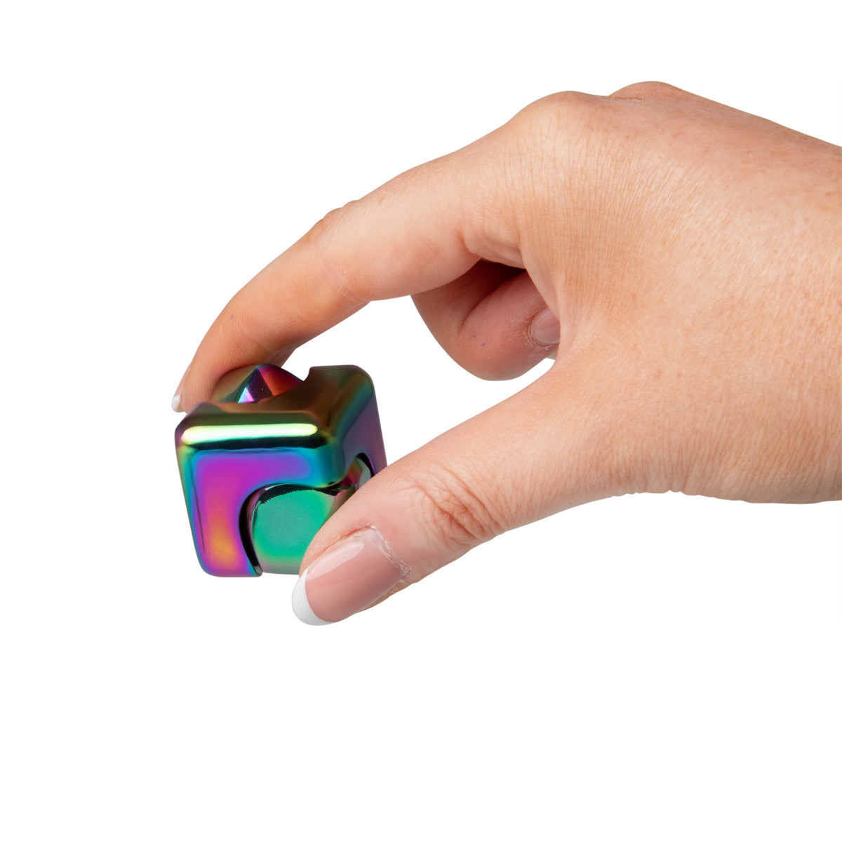 Rainbow metal fidget cube resting open in the palm of a hand for scale