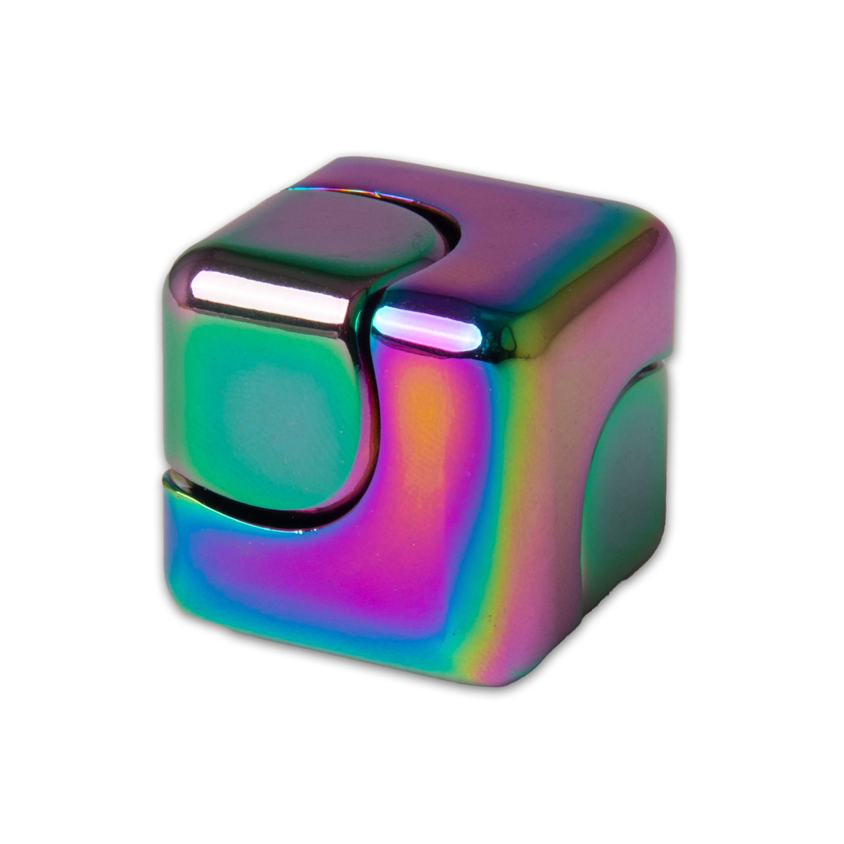 Holographic rainbow metal fidget cube shown closed from an angled view