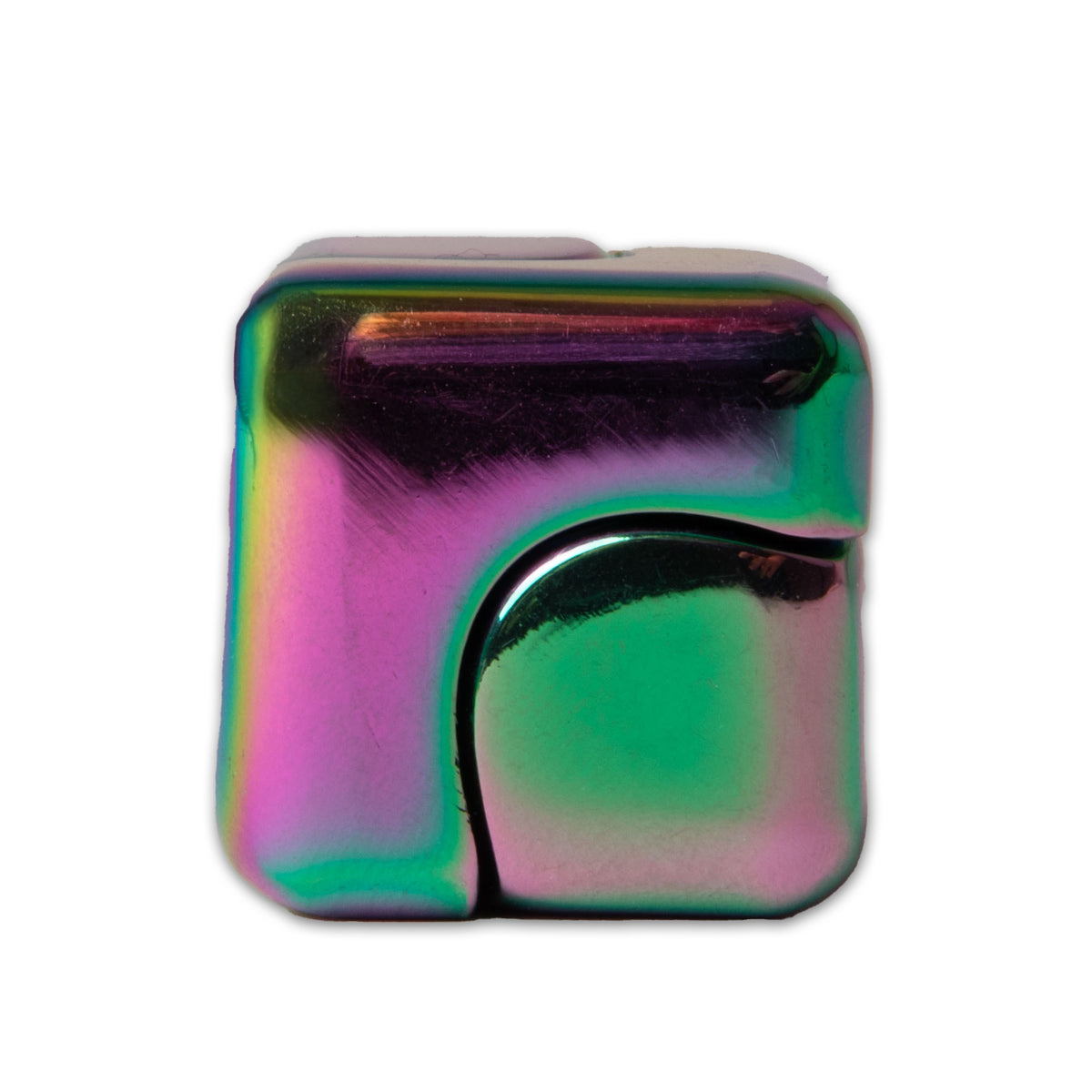 Front view of the rainbow metal fidget cube in its closed position