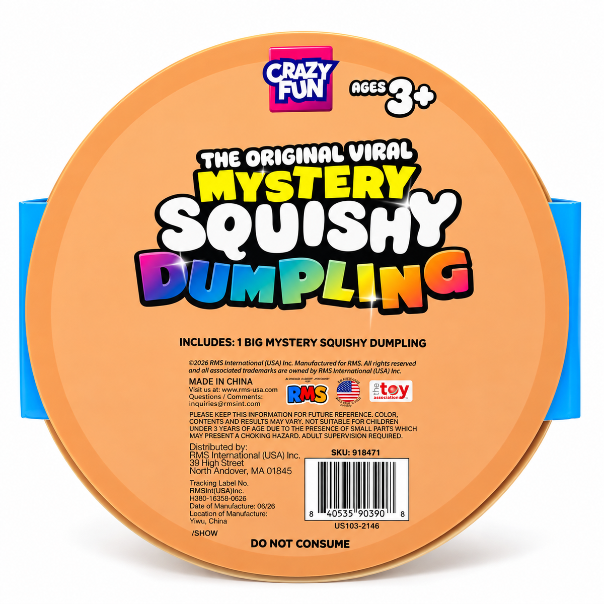 Back of the RMS Crazy Fun Mystery Squishy Dumpling pack showing what's included, age 3+ safety information and barcode