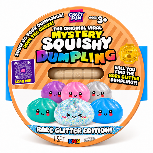 RMS Crazy Fun Giant Mystery Squishy Dumpling 7 inch Rare Glitter Edition front of round steamer-basket pack with purple, pink, silver, teal, blue and glitter dumplings