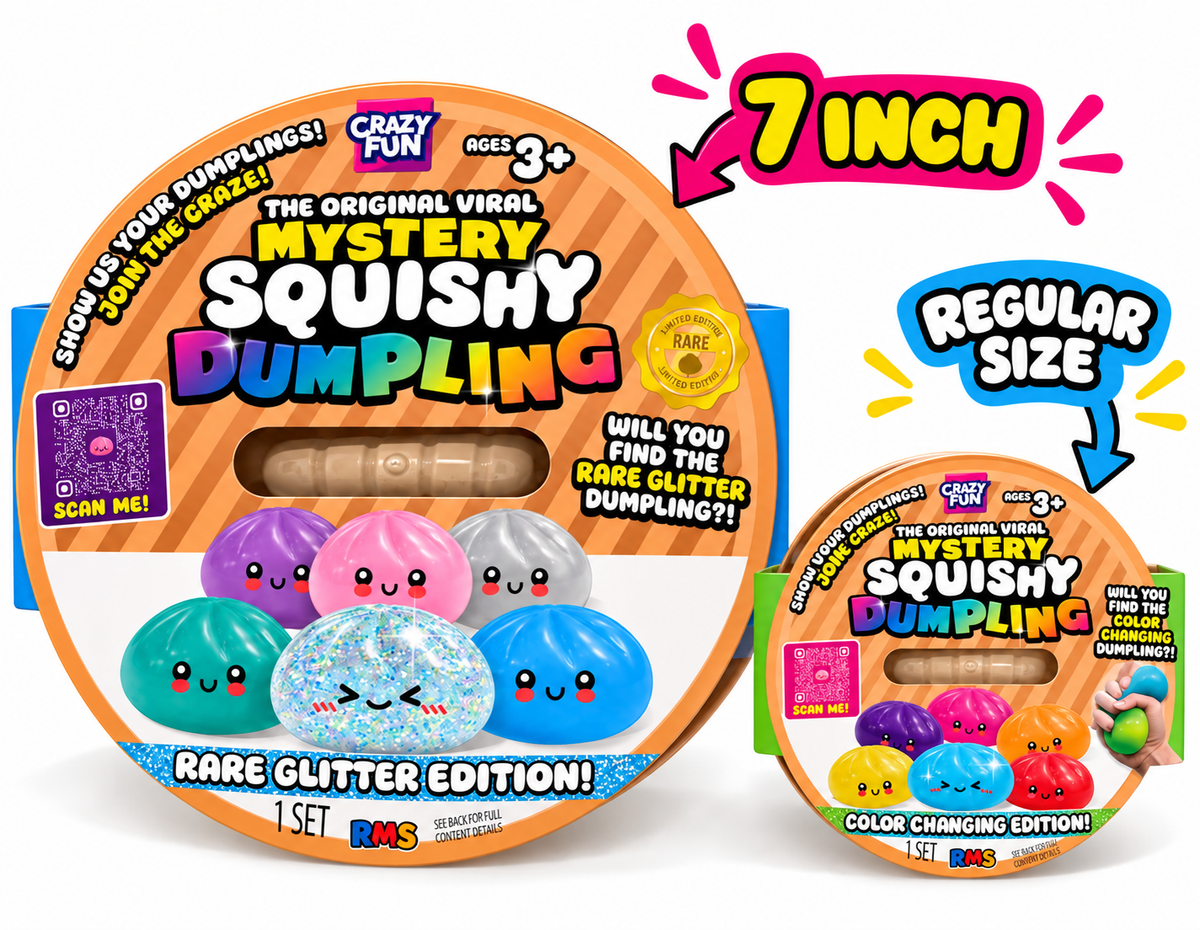 Size comparison of the 7 inch RMS Crazy Fun Rare Glitter Mystery Squishy Dumpling pack next to the regular size pack