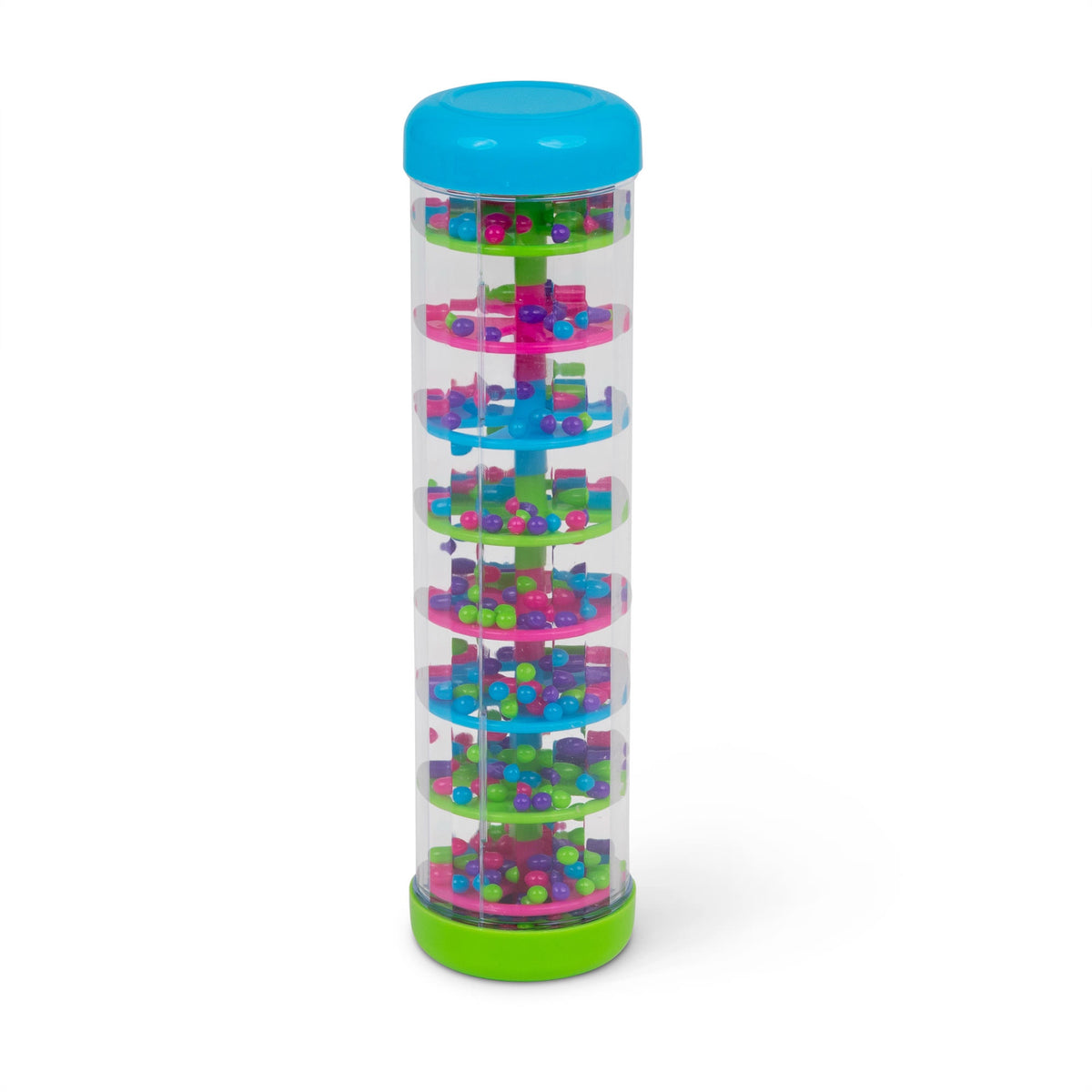 Sensory Rainmaker bead tumble toy with blue cap and green base, standalone product shot