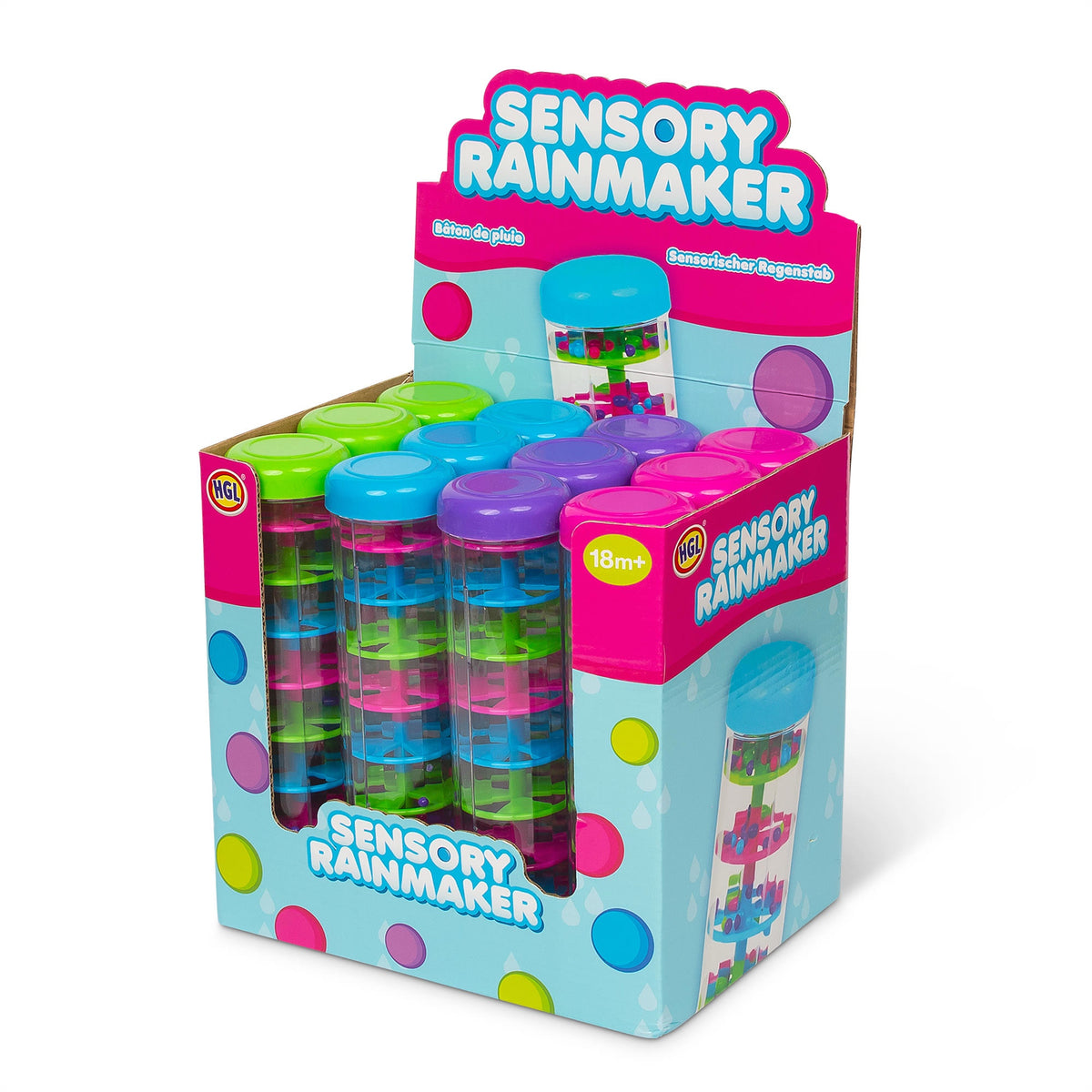 Sensory Rainmaker bead tumble toy with pink cap and purple base, standalone product shot