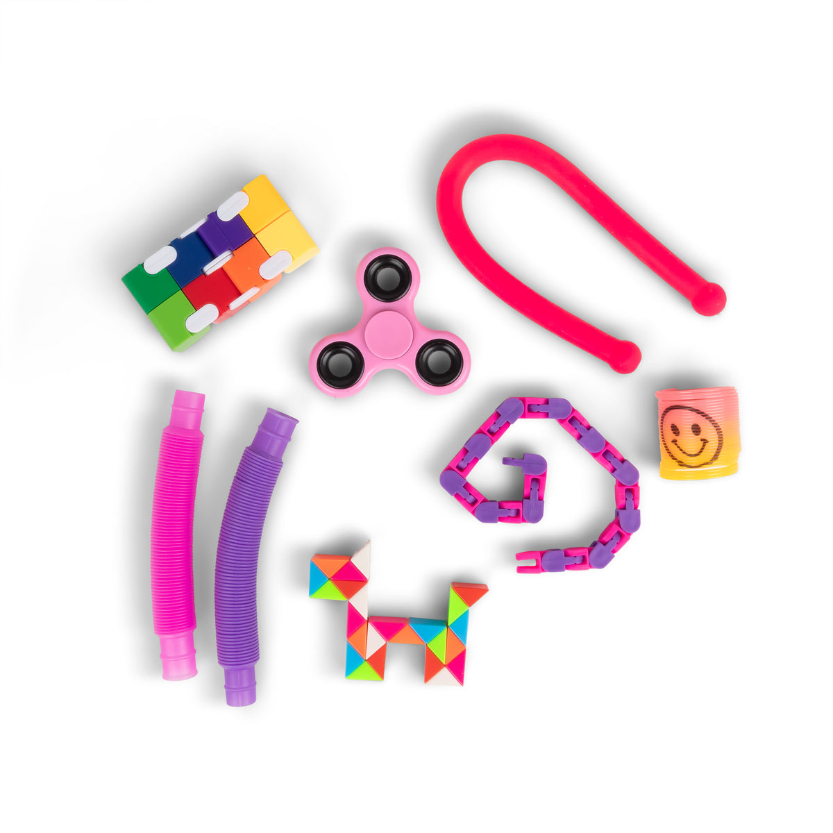 Sensory Surprise mystery bag fidget toys flat lay: infinity cube, fidget spinner, wacky track chain, snake puzzle, stretchy noodle, and slinky