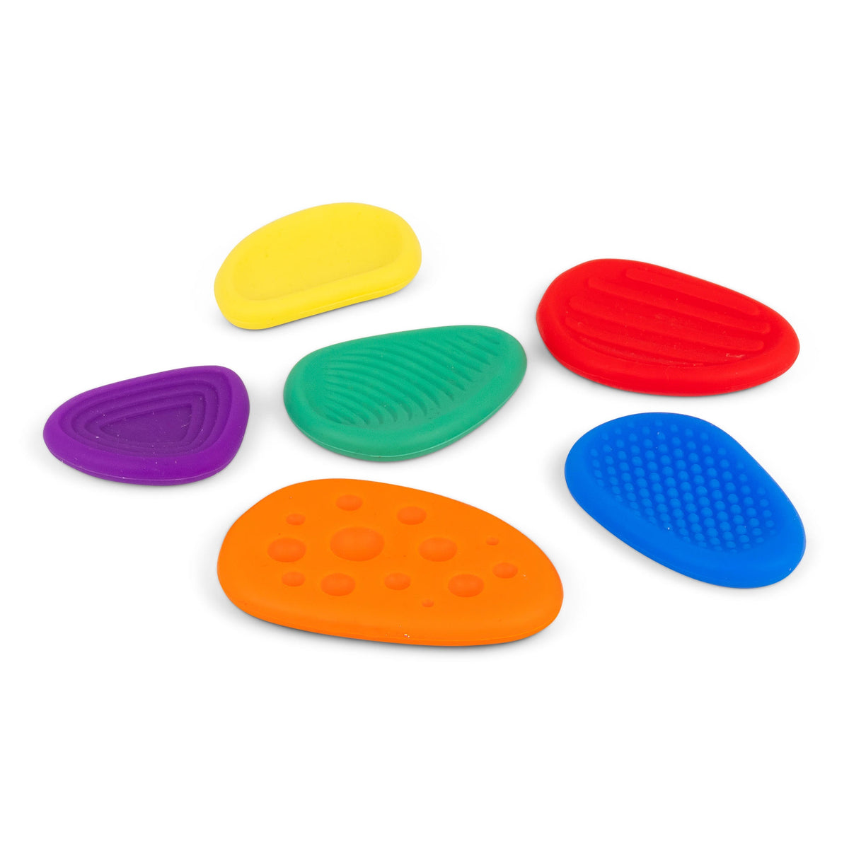 Sensory Worry Stones 6-pack flat lay showing yellow, orange, green, red, blue, and purple textured stones