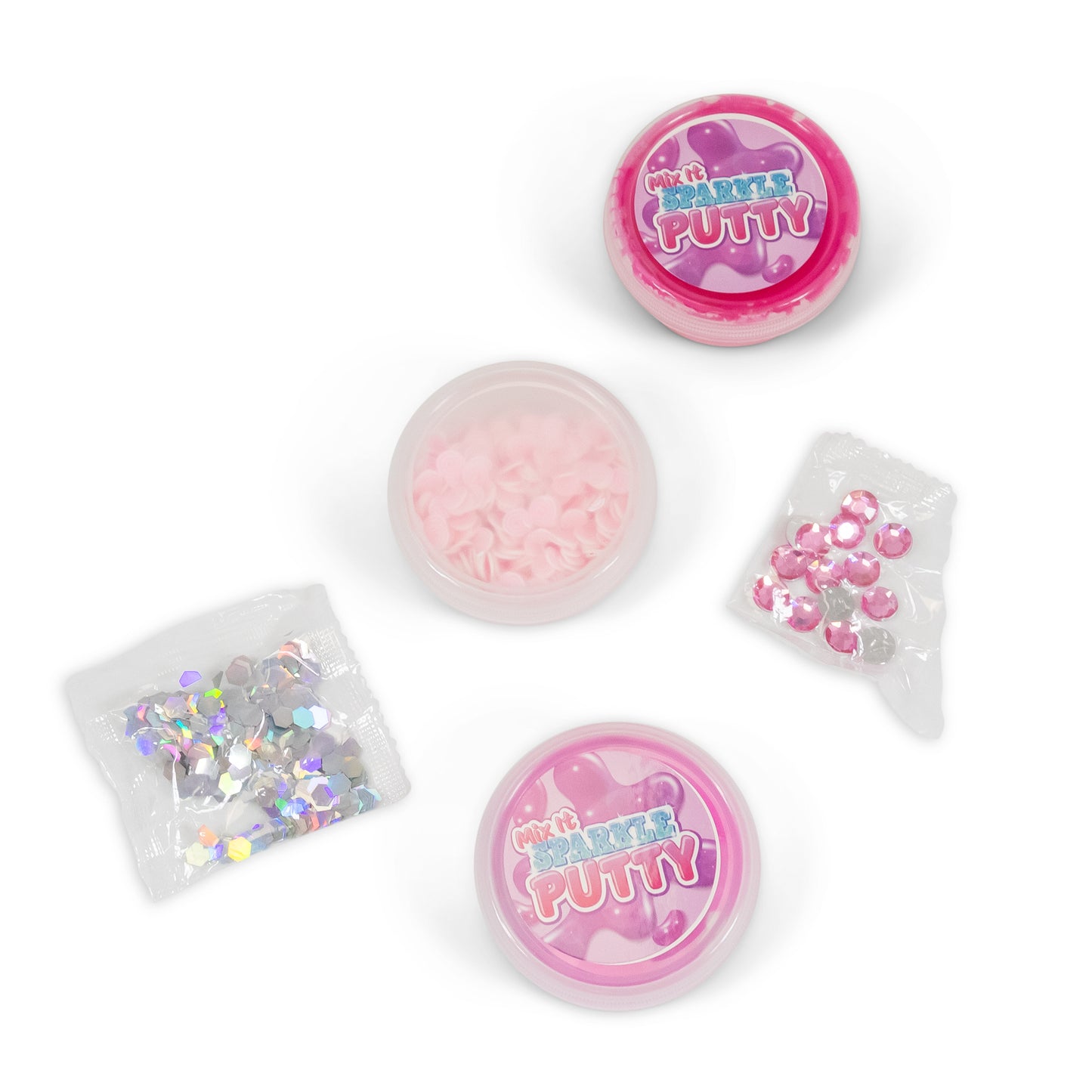 Glitter putty mix-ins and small charms for DIY slime play