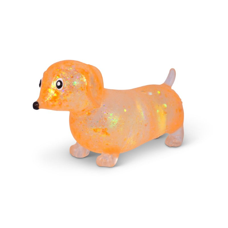 Orange glitter Sparkly Sausage Dog squishy toy shaped like a dachshund