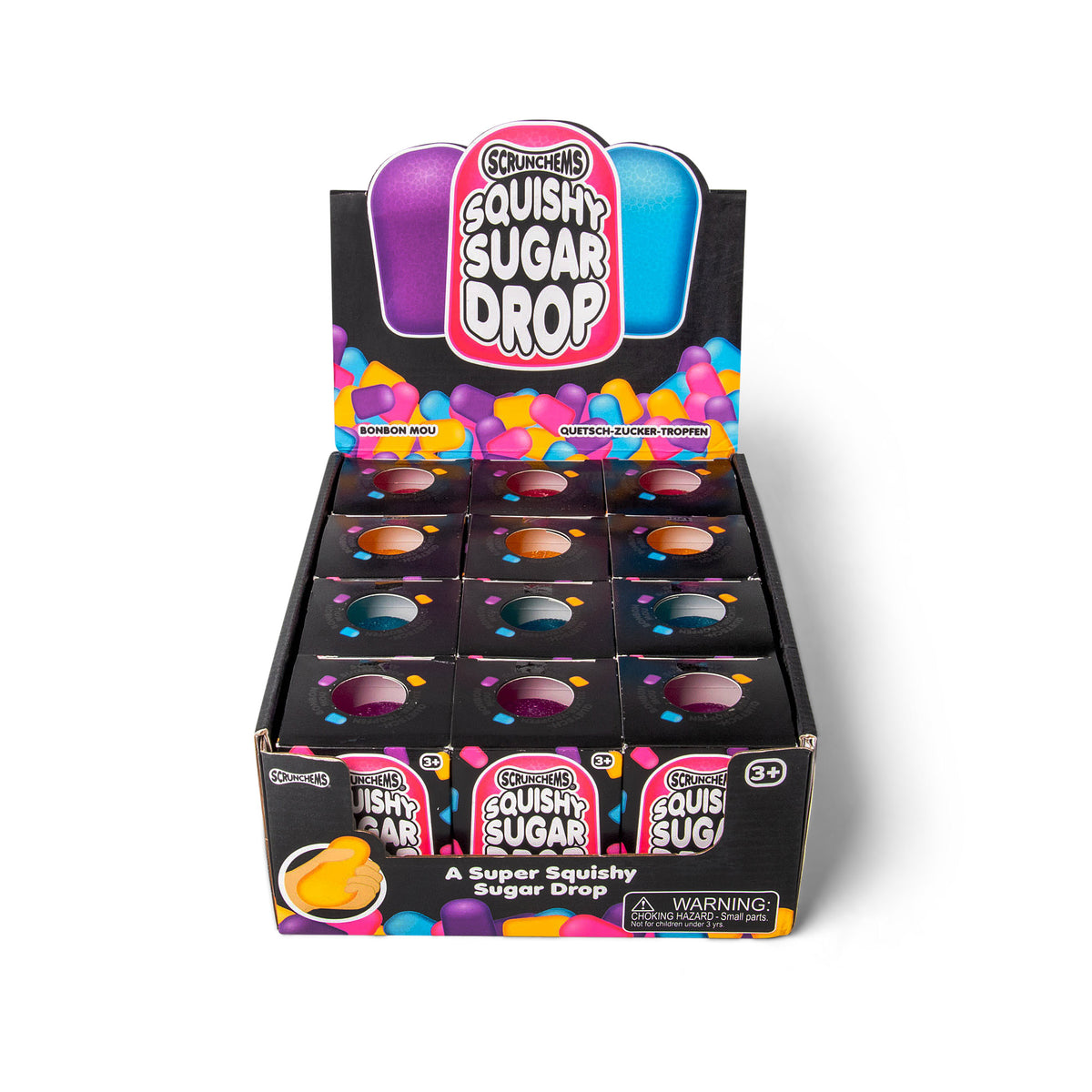 Front view of the Squishy Sugar Drop display box holding 12 individually boxed toys