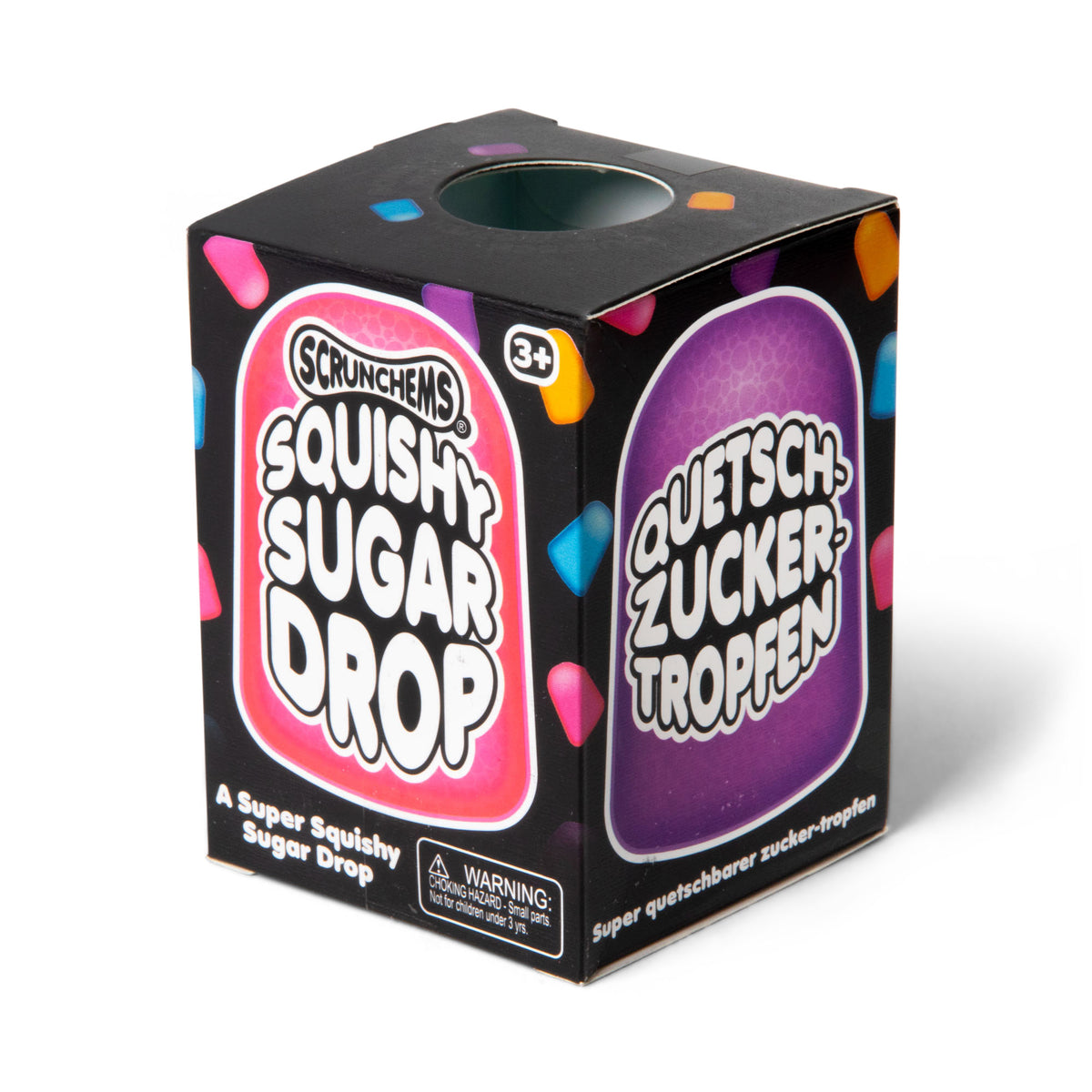Angled view of a single Squishy Sugar Drop box with a peek-a-boo color window on top