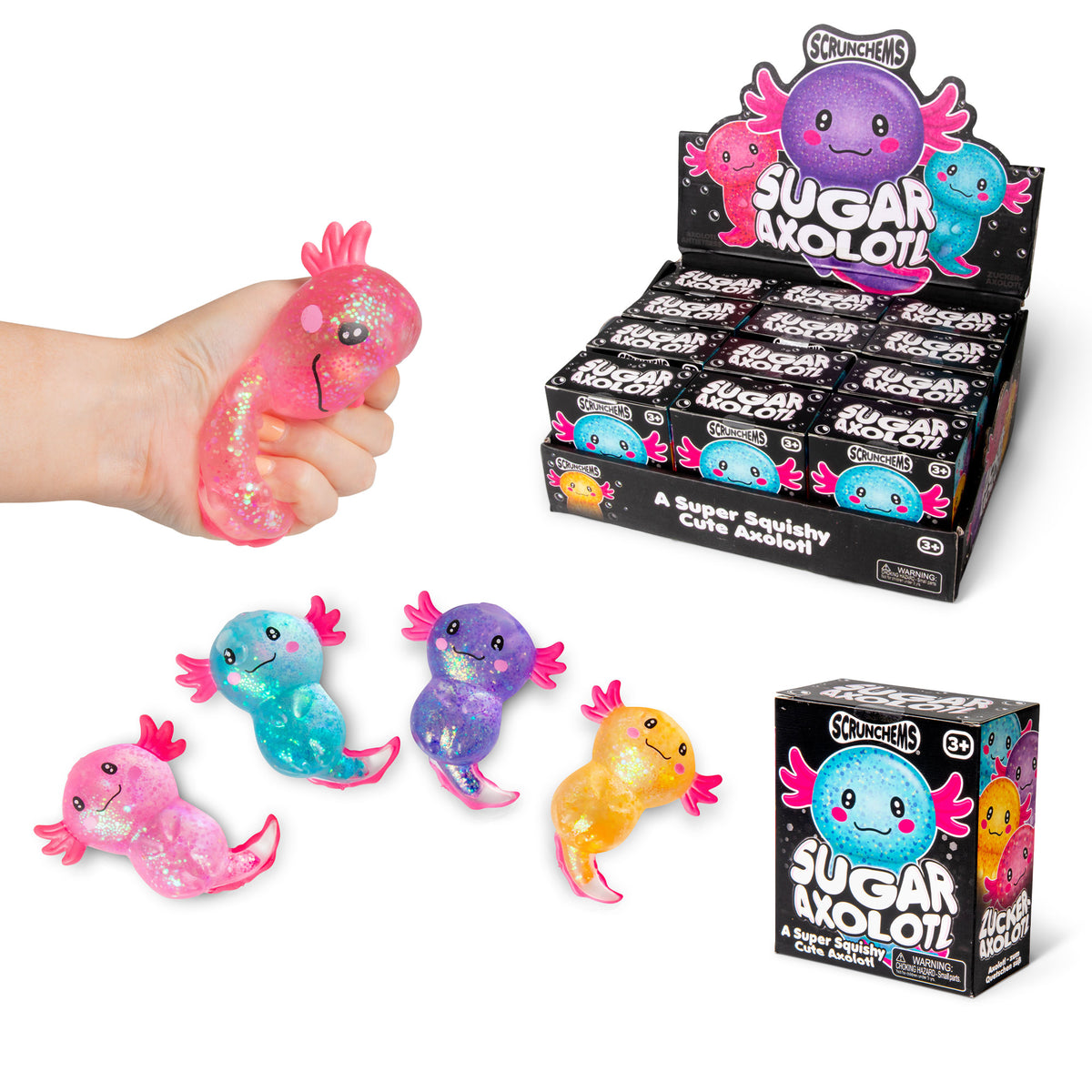 Hand squeezing a pink Sugar Axolotl glitter squishy, shown with the full color lineup and display box