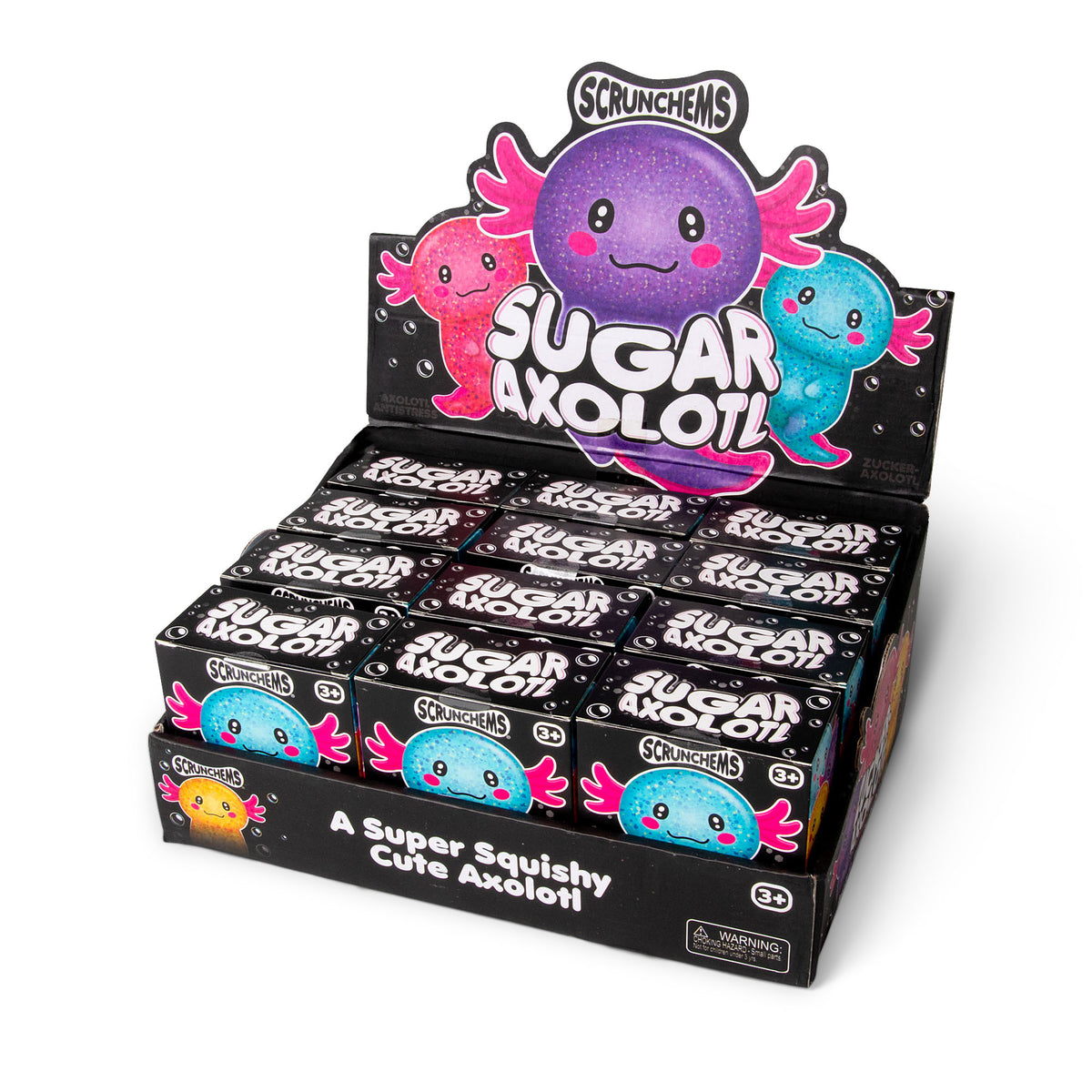 Angled view of the Sugar Axolotl squishy display box holding 12 individually boxed mystery toys