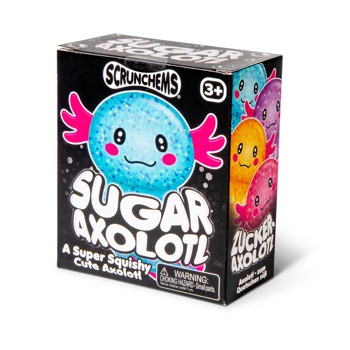 Front of a single Sugar Axolotl squishy mystery box featuring the blue glitter axolotl character