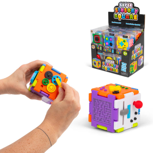 Super Sensory Square fidget cube shown with hand demo, retail display box, and standalone orange/purple cube