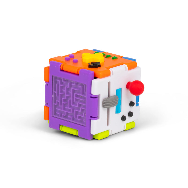 Super Sensory Square fidget cube in orange, purple, and white showing maze panel and push button