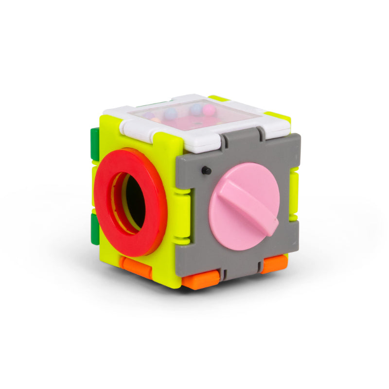 Super Sensory Square fidget cube in yellow and green showing ring dial and spinning bead maze