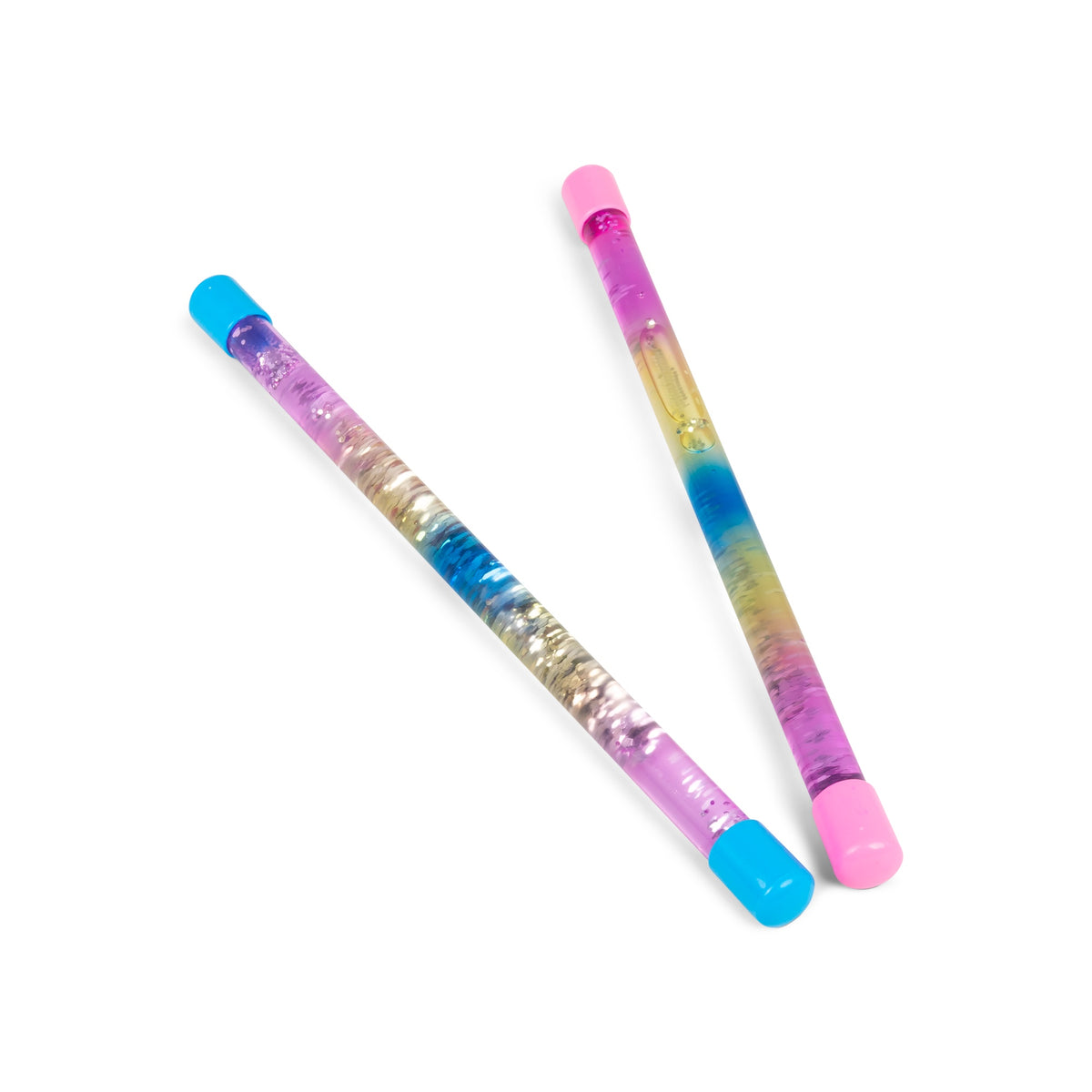 Close-up of pink and blue capped ends of two Swirling Sensory Stick glitter tubes