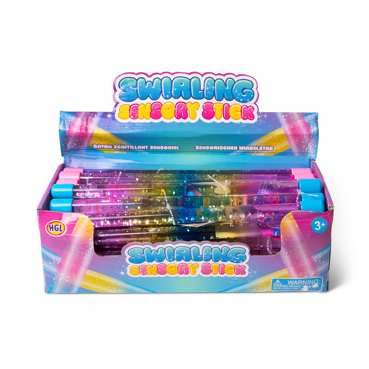 Two Swirling Sensory Stick rainbow glitter tubes crossed, showing pink and blue caps