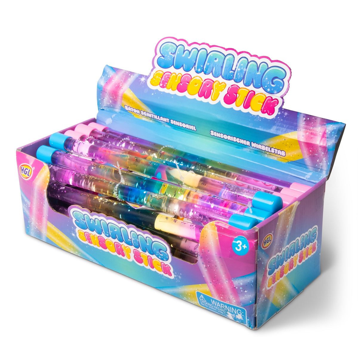 Swirling Sensory Stick retail display box, front view showing multiple glitter tubes