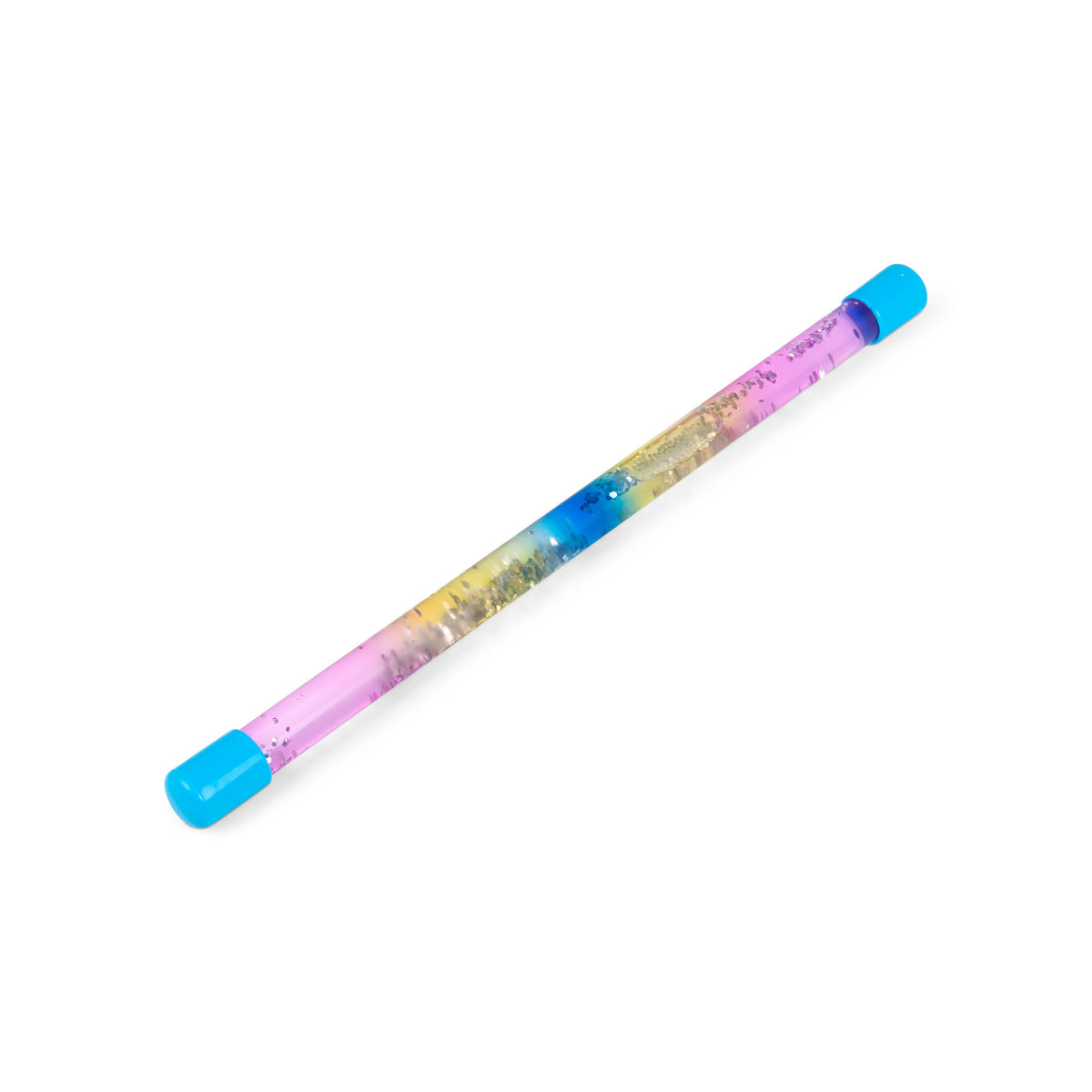 Two Swirling Sensory Stick rainbow glitter tubes with pink and blue caps, side by side