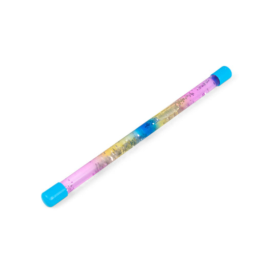 Two Swirling Sensory Stick rainbow glitter tubes with pink and blue caps, side by side