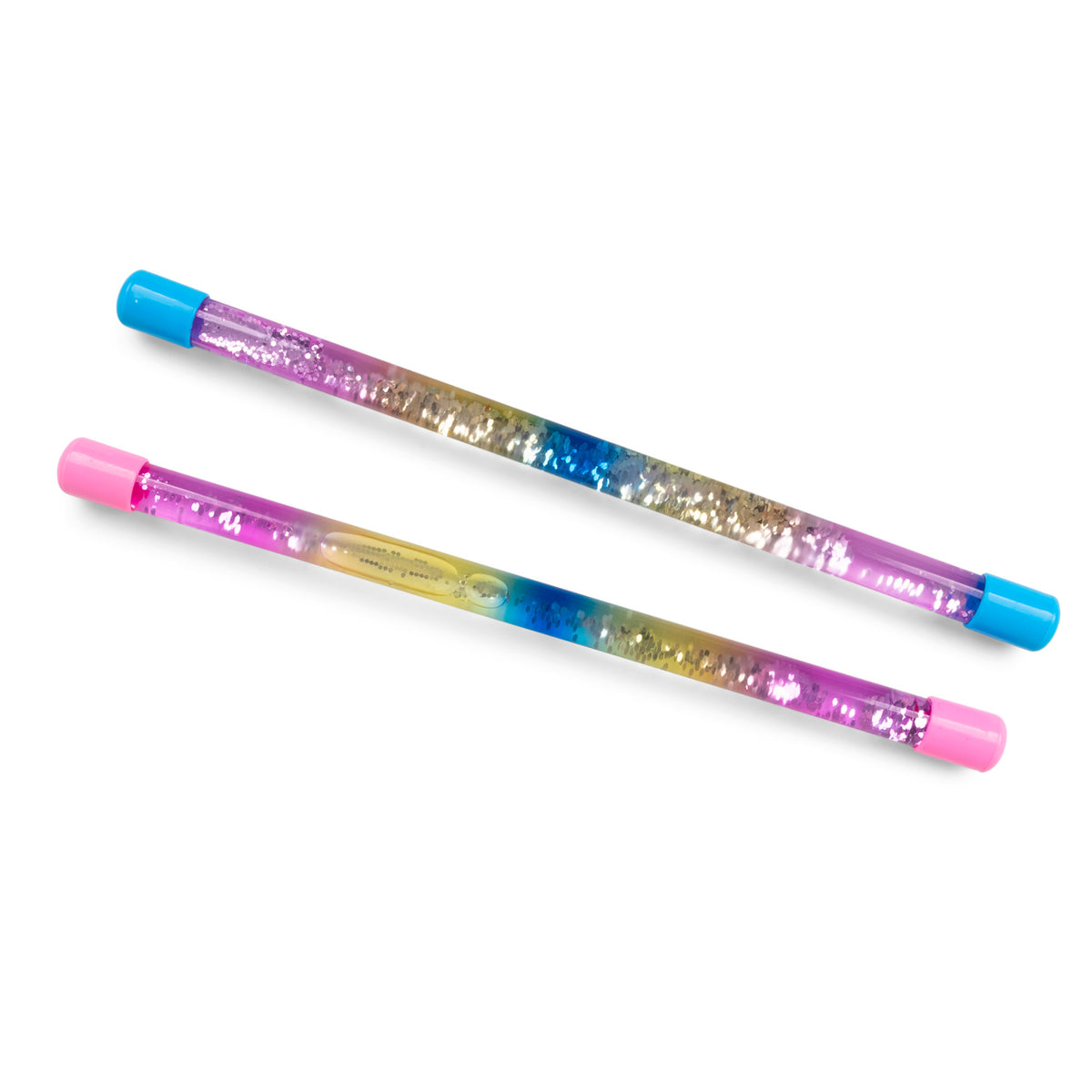 Single Swirling Sensory Stick rainbow glitter tube with blue caps on both ends