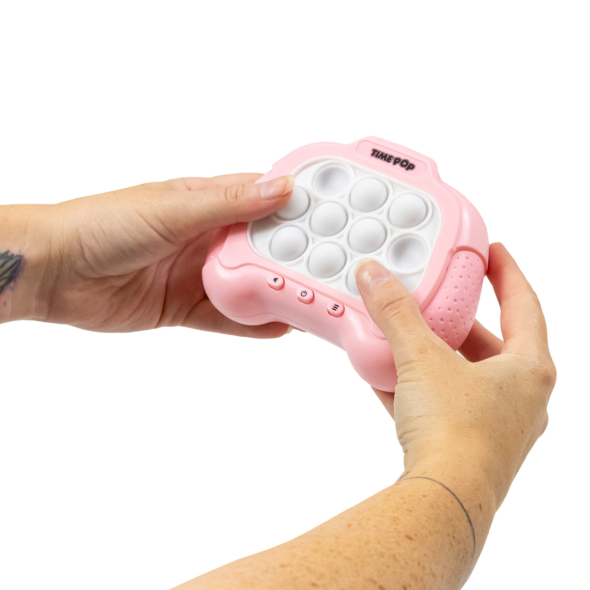 Back view of the blue Time Pop light up push poppers game showing battery compartment