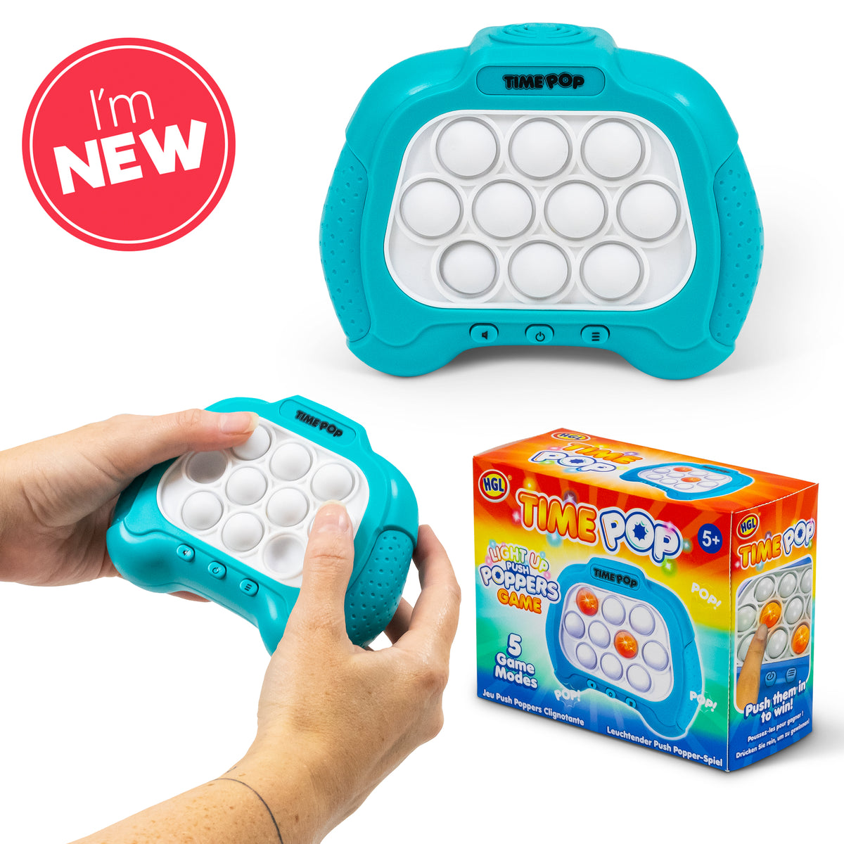 New arrival Time Pop light up push poppers game in blue with hand demo and retail box