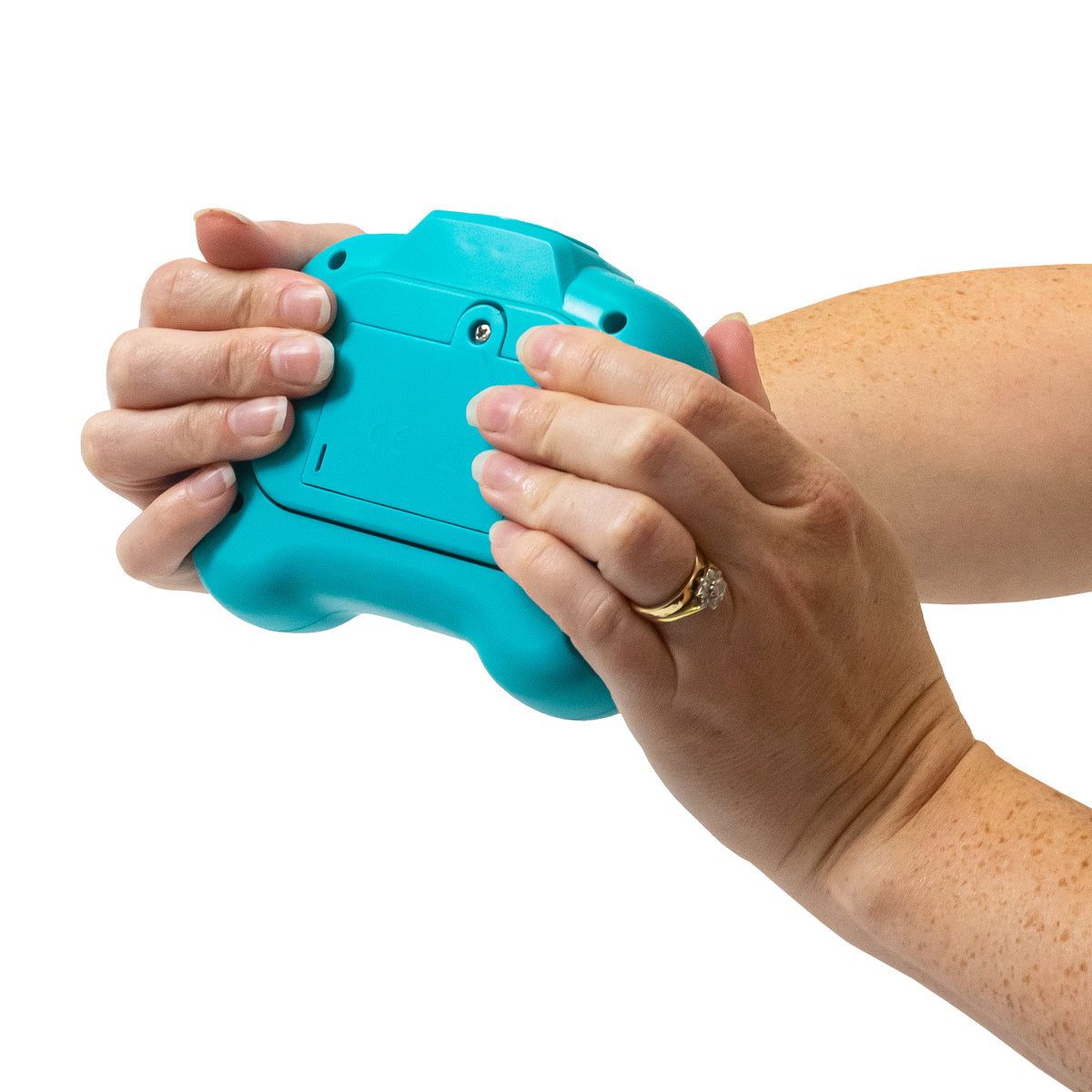 Back view of the pink Time Pop light up push poppers game showing battery compartment