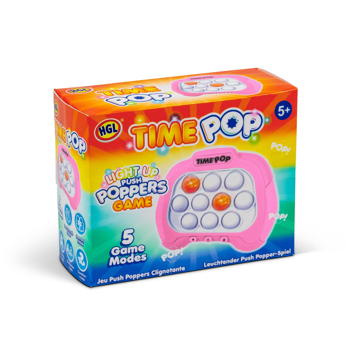 Pink Time Pop light up push poppers game retail packaging box, angled view
