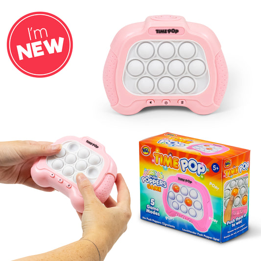 New arrival Time Pop light up push poppers game in pink with hand demo and retail box