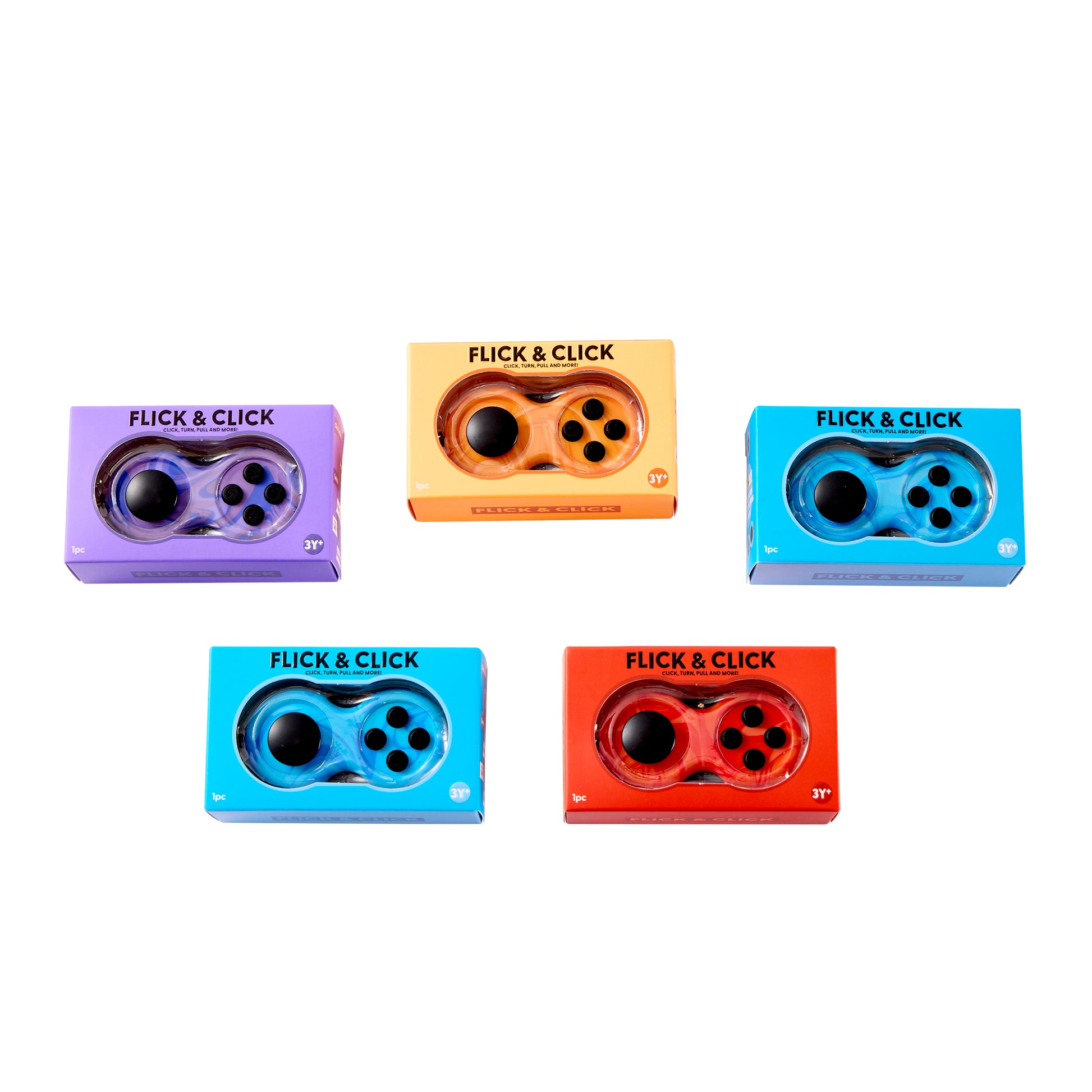 J'adore Flick and Click fidget toy in 5 colors — purple, orange, blue, light blue, and red boxed packaging