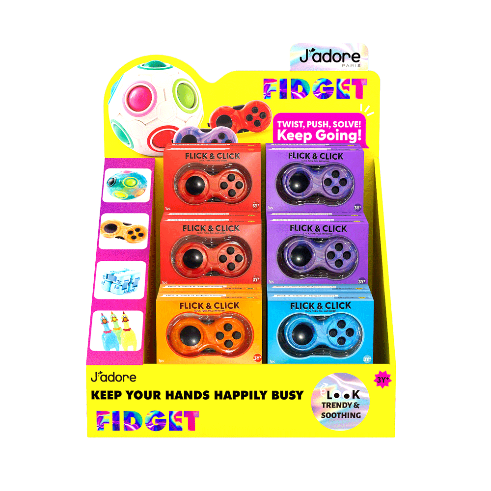 J'adore Paris Flick and Click fidget toy retail display box with assorted marble colors