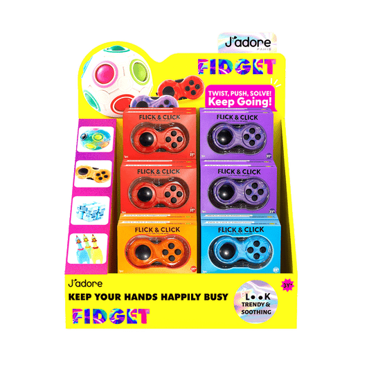 J'adore Paris Flick and Click fidget toy retail display box with assorted marble colors