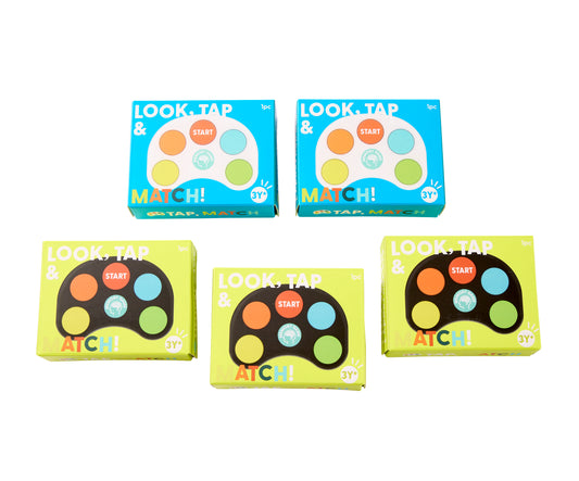 Five J'adore Tap and Match memory game controllers — two white and three black with colorful buttons